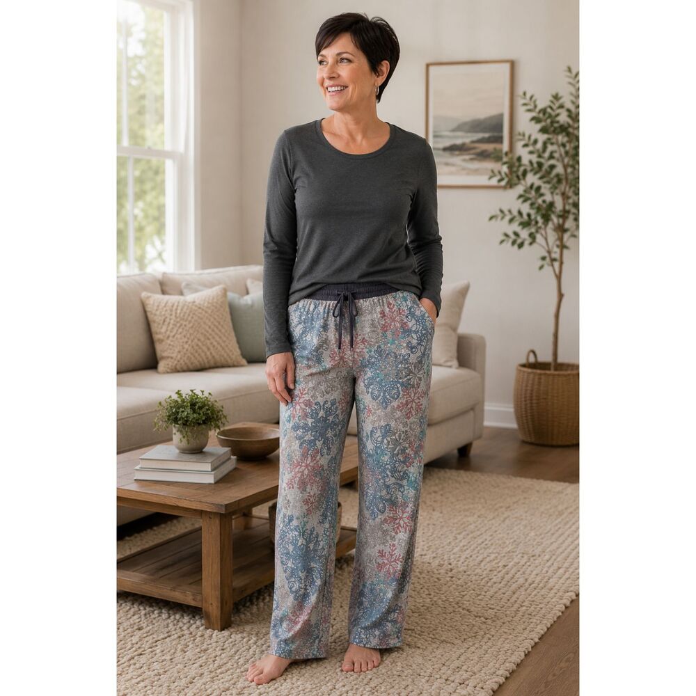 Christopher & Banks M Snowflake Lounge Sleep Pants Gray Blue Pink Drawstring #3